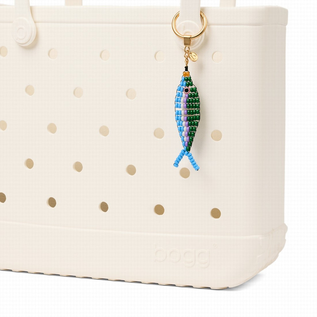 Bogg'd & Charmed Beaded Fish Blue/Green Waterproof EVA Beach Tote Bag Travel Friendly Lightweight with Travel Accessory Pouch for Camping Trips Travel Organizer Vacation Essentials for Women